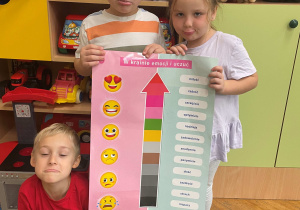 Dzieci trzymają planszę dydaktyczną o emocjach