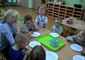 Przedszkolaki oglądają śnieg przez lupę
