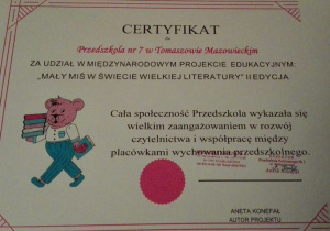 Certyfikat uczestnictwa w projekcie