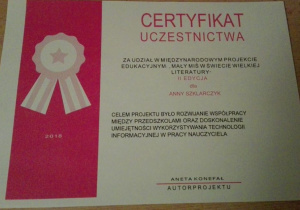 Certyfikat uczestnictwa w projekcie