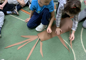 Dzieci wspólnie ilustrują na dywanie budowę drzewa