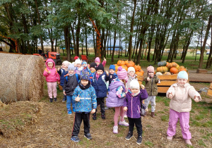 Dzieci z grupy Tropiciele pozują do zdjęcia z dyniami