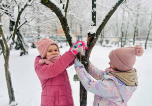 Dziewczynki zawieszają pokarm dla ptaków