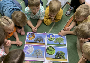 Dzieci na dywanie oglądają plansze