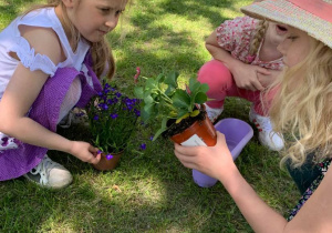 Dziewczynki sadzą kwiaty