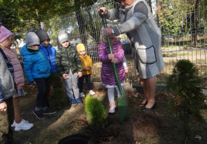 Dziewczynka z nauczycielką sadzi drzewko