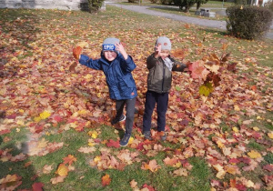 Chłopcy podczas zabawy liśćmi