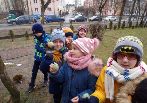 Przedszkolaki wieszaja kulki dla ptaków